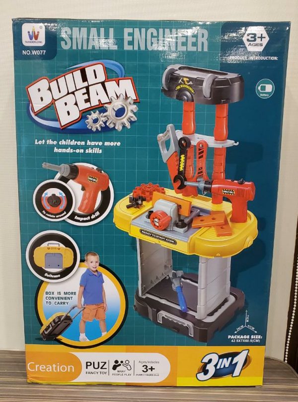 3 in 1 Small Engineer Build Beam Workshop Playset with Travel Luggage Trolley for Kids