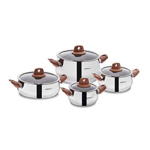 Korkmaz Abana Stainless Steel Cooking Pots with Glass Lids, Steel Casseroles Set of 4, Multipurpose Cookware